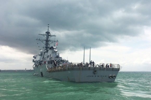 The U.S. Navy guided-missile destroyer USS John S. McCain is seen after a collision, in Singapore waters August 21, 2017. REUTERS/Ahmad Masood
