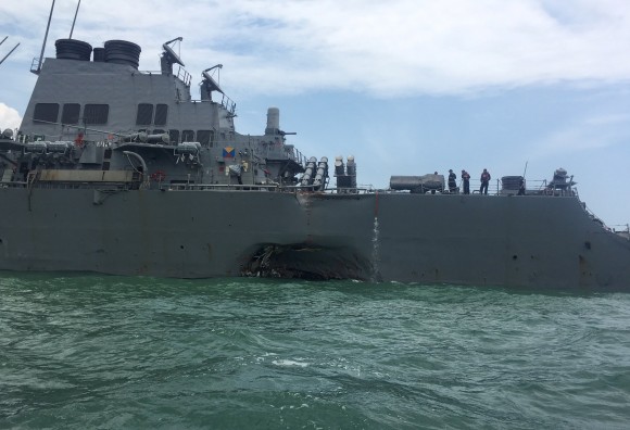 The U.S. Navy guided-missile destroyer USS John S. McCain is seen after a collision, in Singapore waters August 21, 2017. REUTERS/Ahmad Masood