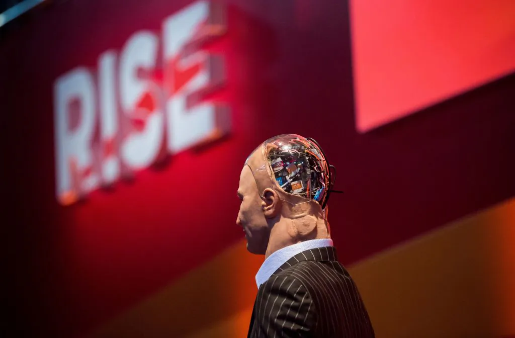 "Han the Robot" waits on stage before a discussion about the future of humanity in a demonstration of artificial intelligence (AI) by Hanson Robotics at the RISE Technology Conference in Hong Kong on July 12, 2017.
(Isaac Lawrence/AFP/Getty Images)