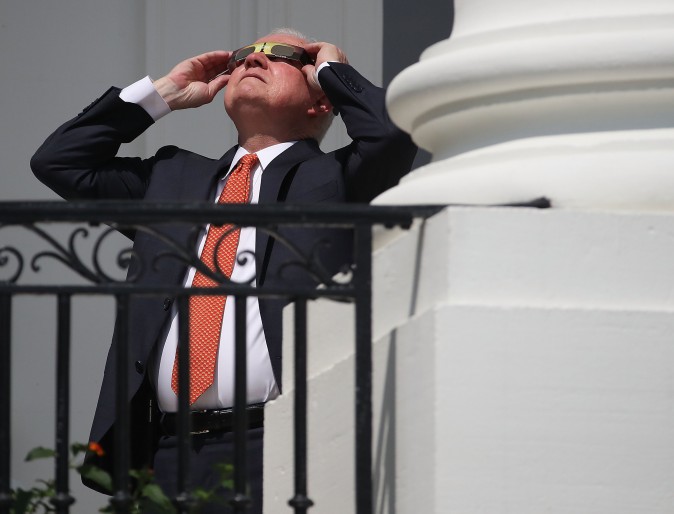 WASHINGTON, DC - AUGUST 21:  Attorney General Jeff Sessions wears special glasses to view the solar eclipse at the White House on August 21, 2017 in Washington, DC. Millions of people have flocked to areas of the U.S. that are in the "path of totality" in order to experience a total solar eclipse.  (Photo by Mark Wilson/Getty Images)