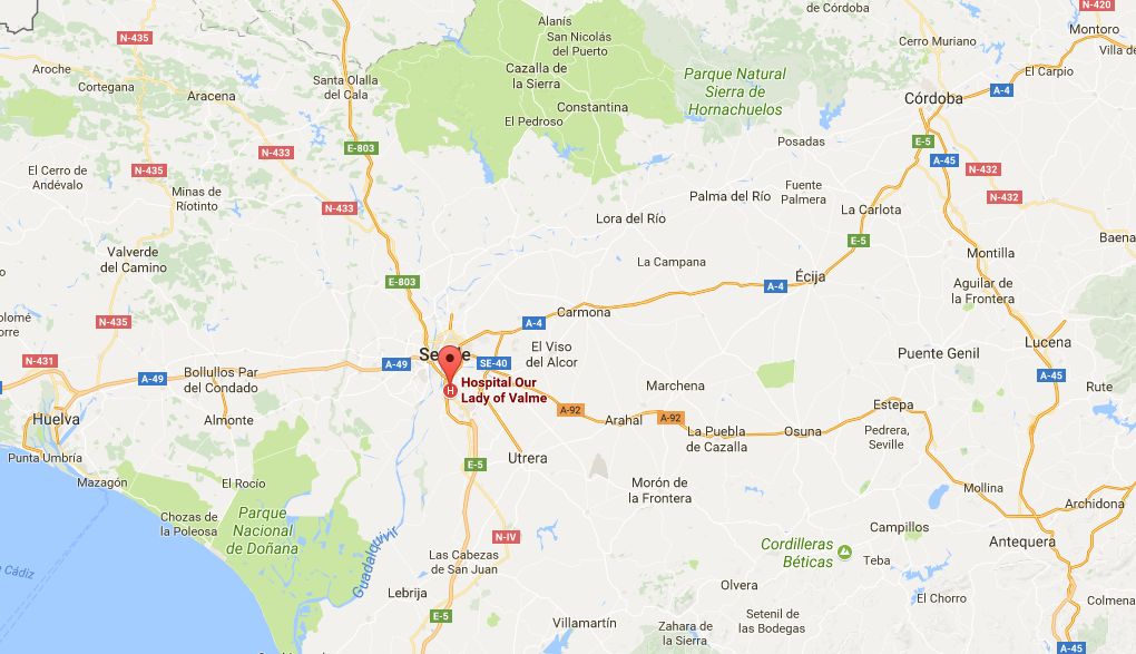 Rocio Cortes Nunez, 26, was being taken between the second and third floors of Our Lady of Valme Hospital in Seville. (Google Maps)