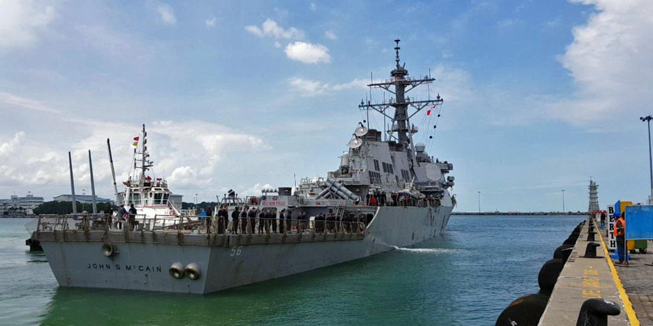 The guided-missile destroyer USS John S. McCain arrives at Changi Naval Base in Singapore on August 21, 2017. (U.S. Navy/Handout via REUTERS)