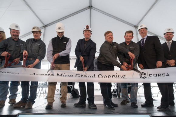 George Dethlefsen, CEO Corsa Coal Corp., center, is joined by fellow Corsa Coal employees and dignitaries as they cut the ribbon at the grand opening of Corsa Coal's Acosta Deep Mine in Friedens, Pennsylvania on June 8, 2017. Dethlefsen announced that the company will open the second coal mine in the first quarter of 2018. (Justin Merriman/Getty Images)