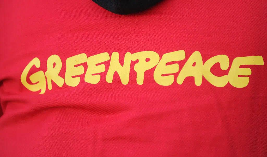 A picture taken in Douarnenez, western France on May 23, 2016 shows the logo of the non-governmental environmental organization Greenpeace on the jersey of an activist. (FRED TANNEAU/AFP/Getty Images)
