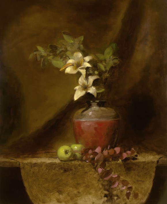 "Lilies in Red Vase," 2015, by George Ceffalio,. Oil on wood panel, 32 inches by 26 inches. (Courtesy of George Ceffalio)