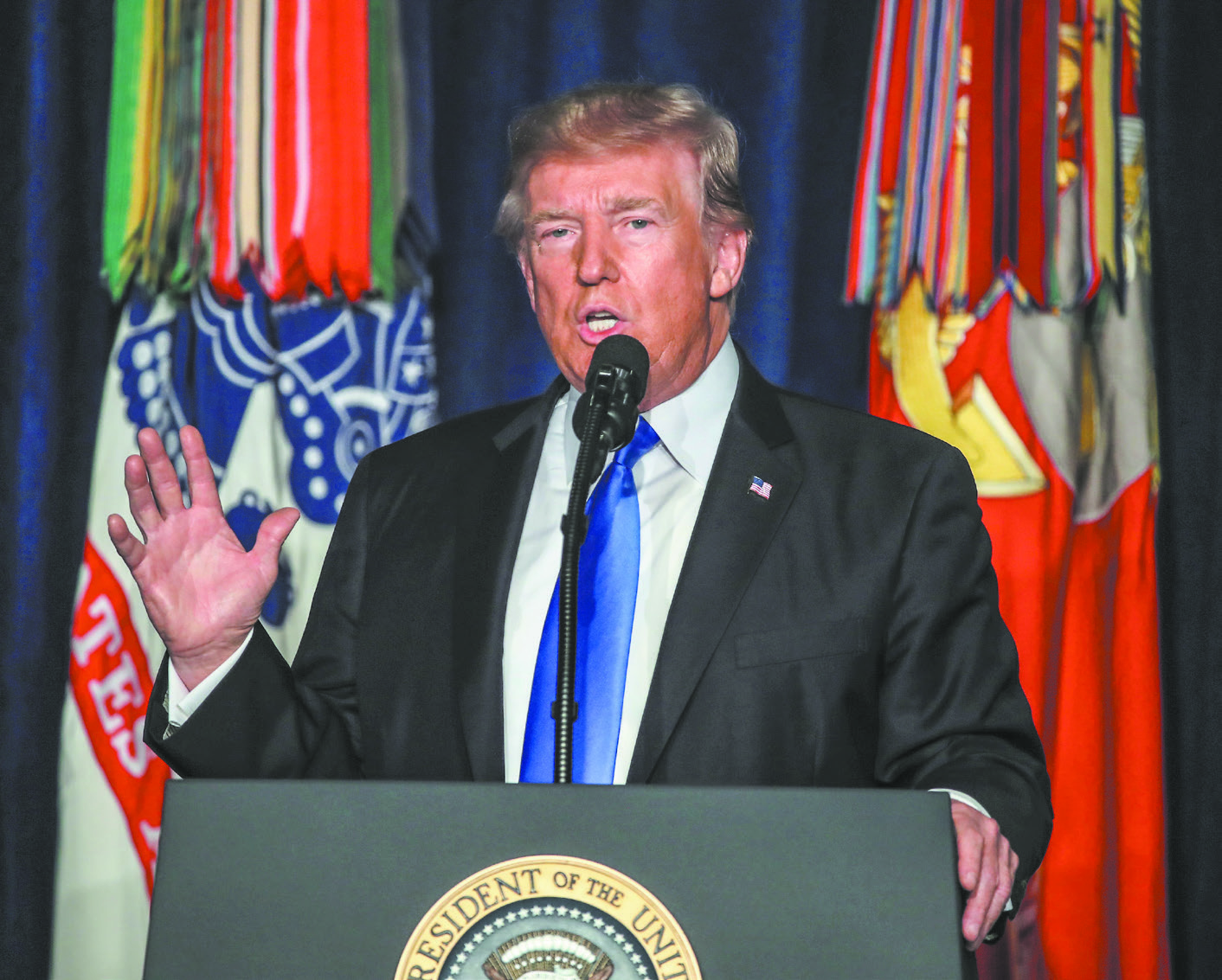 President Donald Trump speaks on his administration's strategy for the war in Afghanistan at Fort Myer in Arlington, Va., on Aug. 21. (MARK WILSON/GETTY IMAGES) 