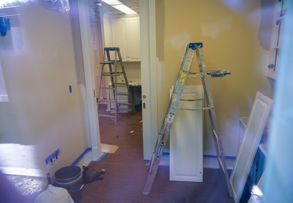 Ladders are seen inside of a press office in the West Wing of the White House as it undergoes renovations on Aug. 9, 2017. (MANDEL NGAN/AFP/Getty Images)