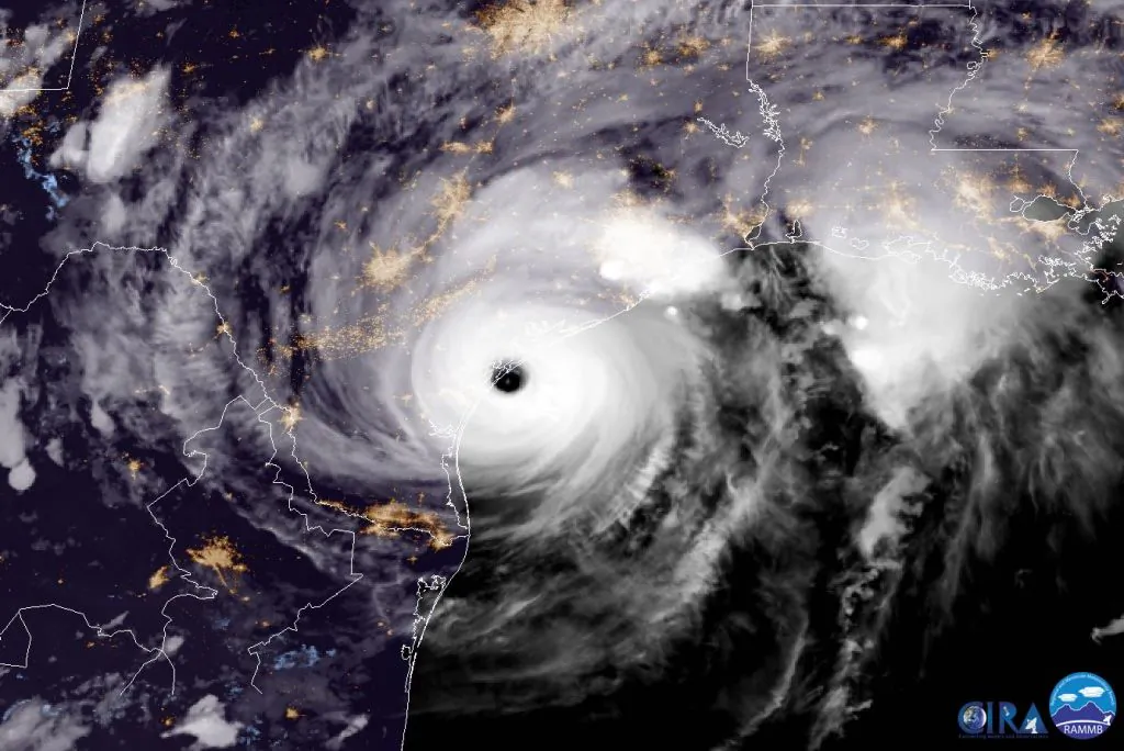In this NOAA handout image, NOAA's GOES East satellite capture of Hurricane Harvey shows the storm making landfall shortly after 8:00pm CDT on Aug. 25, 2017 in a file photo. (NASA/NOAA GOES Project via Getty Images)