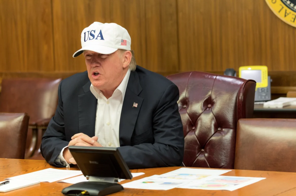 President Donald Trump conducts a video teleconference regarding an update on Hurricane Harvey, on Aug. 26, 2017, from a conference room at Camp David. The president has been closely overseeing the federal response and relief efforts for Texas. (Official White House Photo by Shealah Craighead)