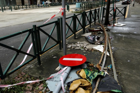 A fallen sign is seen as Tropical storm Pakhar hits Macau, China August 27, 2017. (Reuters/Tyrone Siu)