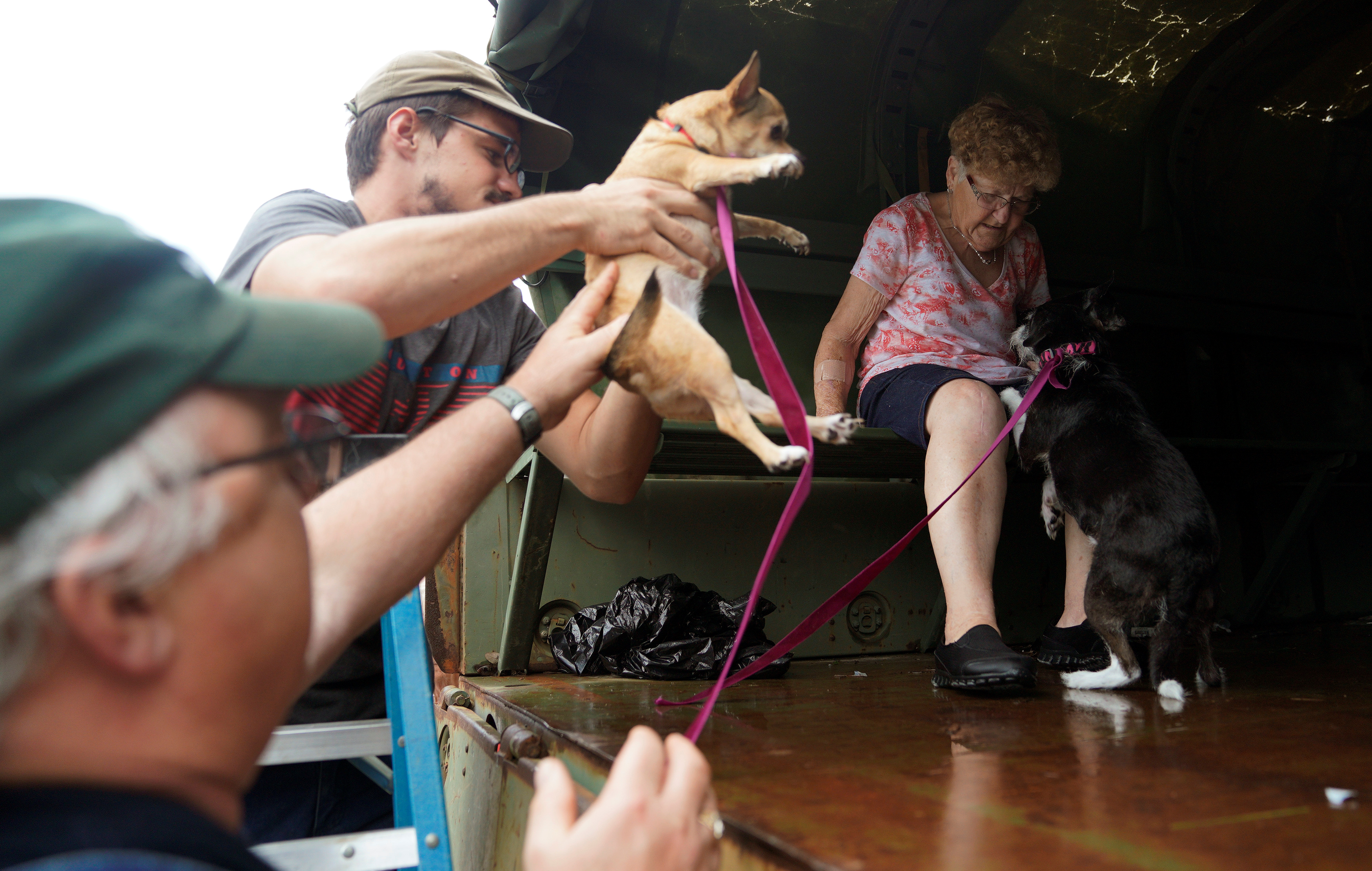 Pets are evacuated from flood waters from Hurricane Harvey in Dickinson, Texas on Aug. 27, 2017. (REUTERS/Rick Wilking)