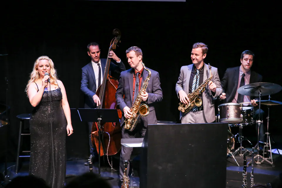 The “Songbook Summit” at 59E59 Theater, with (L–R) Molly Ryan on vocals, Clovis Nicolas on base, Peter Anderson and Will Anderson on saxophones,and drummer Phil Stewart. (Lynn Redmille)