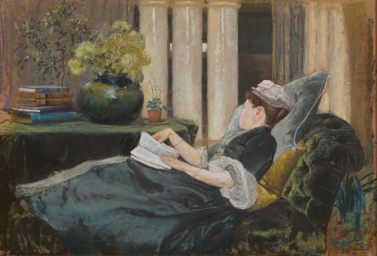 “Louise Tiffany, Reading,” 1888 by Louis Comfort Tiffany (1848–1933). Pastel on buff colored wove paper, 20–1/2 inches by 30–1/4 inches. The Metropolitan Museum of Art, Gift of the family of Dorothy Tiffany Burlingham, 2003 (The Metropolitan Museum of Art) 