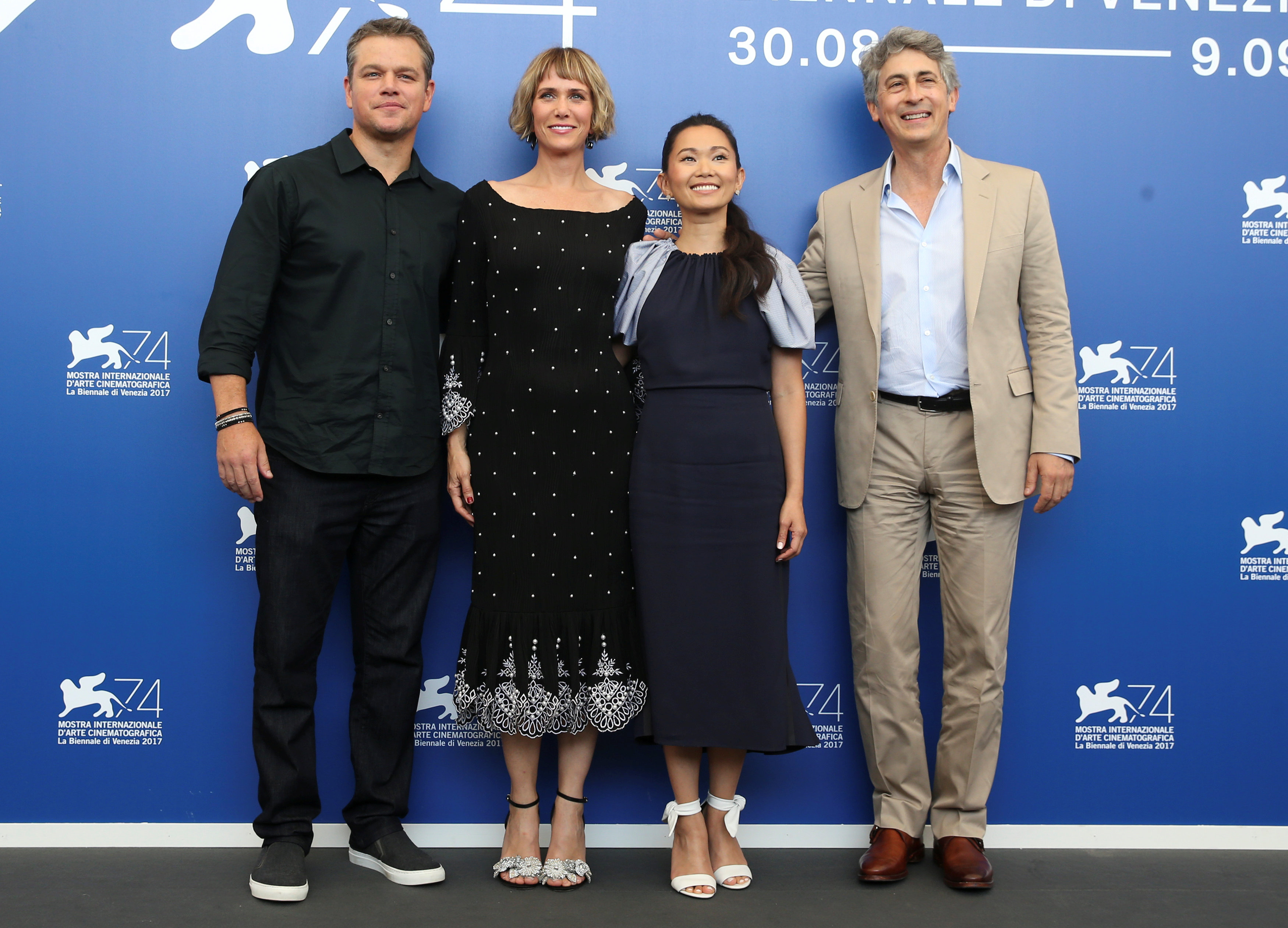 Director Alexander Payne poses with actors Matt Damon, Kristen Wiig and Hong Chau during a photocall for the movie "Downsizing" at the 74th Venice Film Festival in Venice, Italy on Aug. 30, 2017. (REUTERS/Alessandro Bianchi)