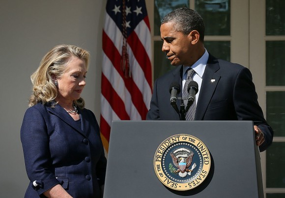U.S. President Barack Obama (R) makes a statement in response to the attack at the U.S. Consulate in Libya as Secretary of State Hillary Clinton (L) looks on September 12, 2012 at the Rose Garden of the White House in Washington, DC. U.S. Ambassador J. Christopher Stevens and three other Americans were killed in an attack on the U.S. Consulate in Benghazi, Libya by protesters who were potentially angry over a controversial Prophet Muhammad video. (Alex Wong/Getty Images)
