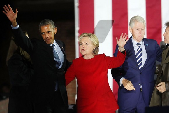 Democratic presidential nominee former Secretary of State Hillary Clinton stands with President Barack Obama during an election eve rally on November 7, 2016 in Philadelphia, Pennsylvania. As the historic race for the presidency of the United States comes to a conclusion, both Clinton and her rival Donald Trump are making their last appearances before voting begins tomorrow. (Spencer Platt/Getty Images)