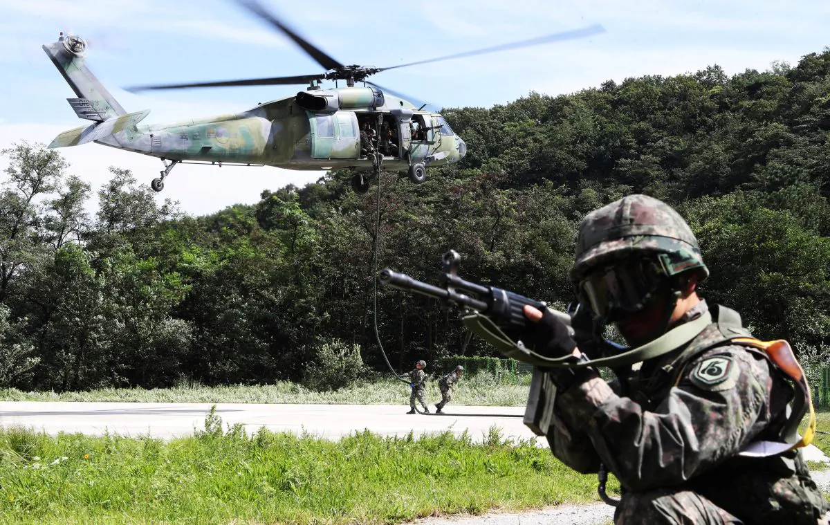 South Korean soldiers take part in a military drill held as a part of the Ulchi Freedom Guardian exercise in Yongin, South Korea, on Aug. 29, 2017. (Hong Ki-Won/Yonhap/via Reuters)