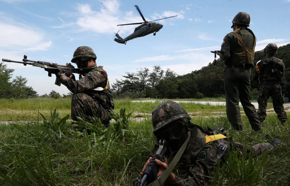 South Korean soldiers take part in a military drill which held as a part of the Ulchi Freedom Guardian exercise in Yongin, South Korea, on Aug. 29, 2017. (Hong Ki-Won/Yonhap/via Reuters)