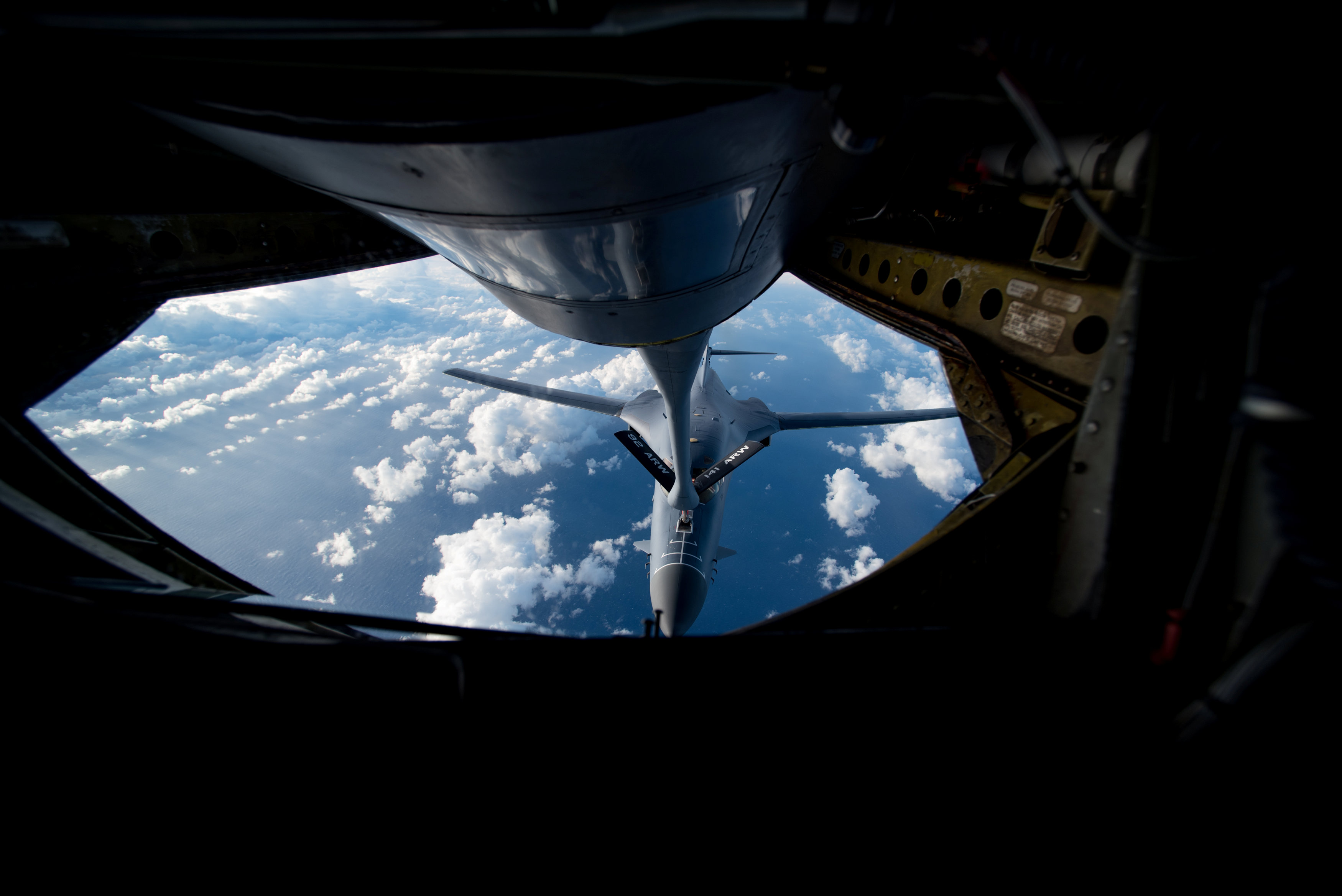 A U.S. Air Force B-1B Lancer receives fuel from a KC-135 Stratotanker during a 10-hour mission from Andersen Air Force Base, Guam, into Japanese airspace and over the Korean Peninsula on July 30, 2017. (Airman 1st Class Jacob Skovo/U.S. Air Force photo/Handout via REUTERS)