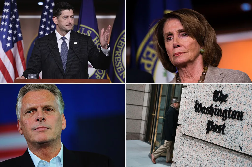 House Speaker Paul Ryan (T-L), House minority Speaker Nancy Pelosi (T-R), Virginia Governor Terry McAuliffe (B-L), The Washington Post building in Washington, D.C. (B-R). (Win McNamee/Getty Images | Drew Angerer/Getty Images | MANDEL NGAN/AFP/Getty Images | BRENDAN SMIALOWSKI/AFP/Getty Images)