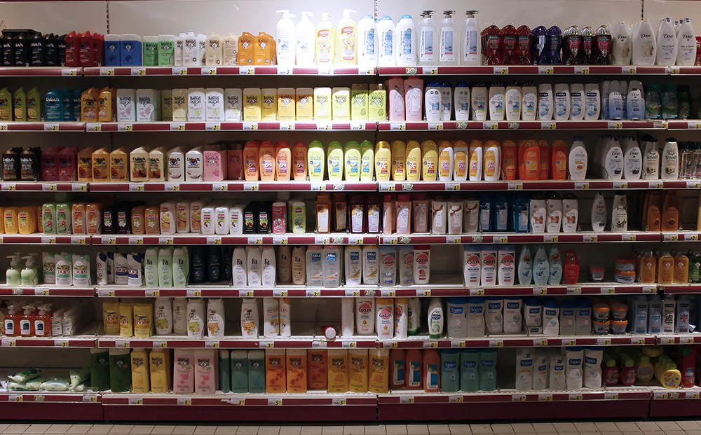 Shampoo bottles are displayed at a supermarket in Herouville Saint-Clair, northwestern France, on February 26, 2013. AFP PHOTO/CHARLY TRIBALLEAU. (Photo credit should read CHARLY TRIBALLEAU/AFP/Getty Images)