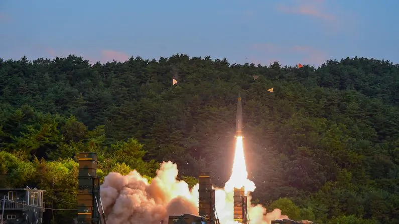 South Korean troops fire Hyunmoo Missile into the waters of the East Sea at a military exercise in South Korea Sept. 4, 2017. (Defense Ministry/Yonhap/via REUTERS)