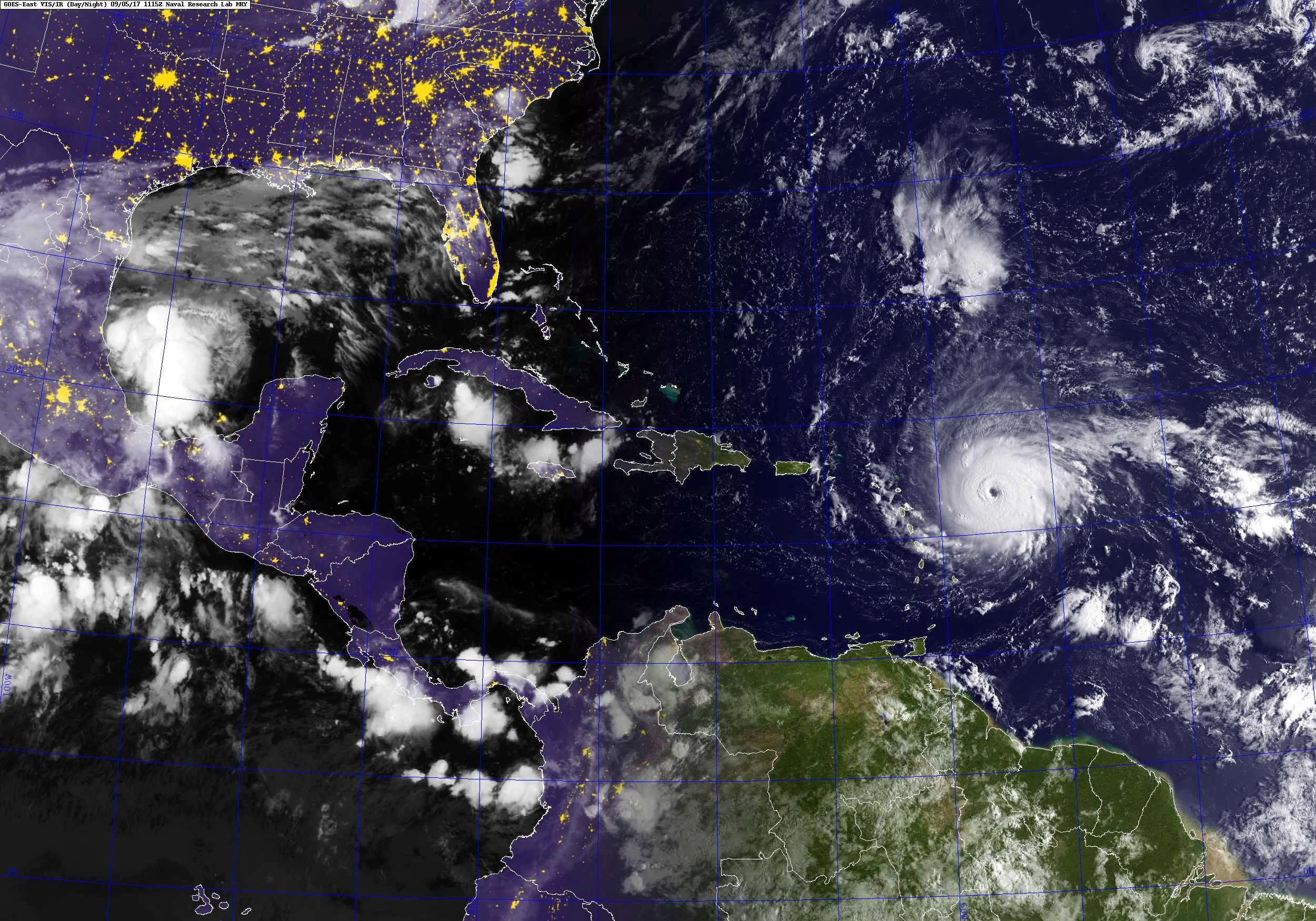 Hurricane Irma, a category 5 hurricane with maximum sustained winds near 185 mph with higher gusts, is shown in this GOES satellite image in the Atlantic Ocean east of the Leeward Islands and Puerto Rico and the Dominican Republic, on Sept. 5, 2017. (U.S. Navy photo/Handout via REUTERS)