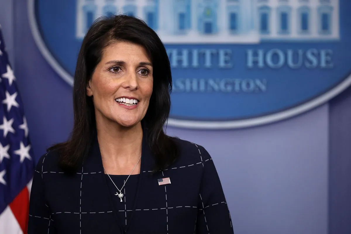 Former U.S. Ambassador to the United Nations Nikki Haley talks with reporters during the daily press briefing at the White House on April 24, 2017. (Chip Somodevilla/Getty Images)