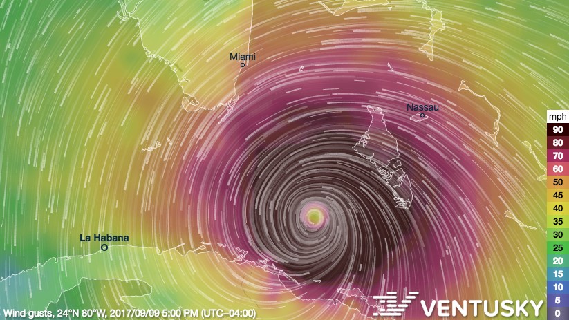 Forecast location of Hurricane Irma on September 9 based on a global NOAA model mapped by Ventusky using data available at 4 p.m. EST on Sept. 5, 2017. (NOAA/Ventusky.com)