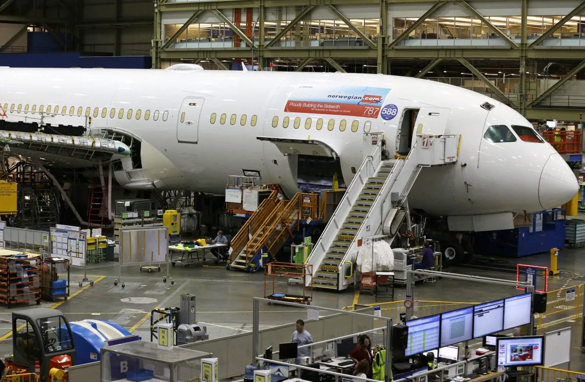 A Boeing 787 being built at Boeing Co.'s assembly facility in Everett, Washington, on June 12, 2017.  (AP Photo/Ted S. Warren)