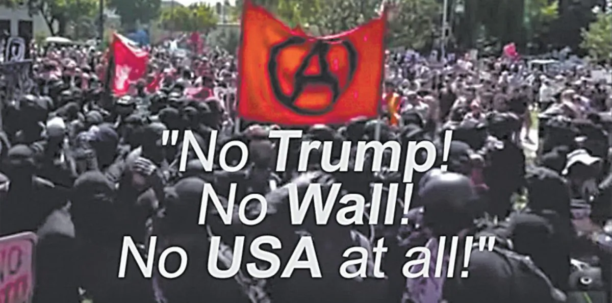 Subtitles from the documentary display a chant from far-left extremists, calling for an end to the United States and Donald Trump’s presidency. (SCREENSHOT VIA CAPITAL RESEARCH CENTER/YOUTUBE)