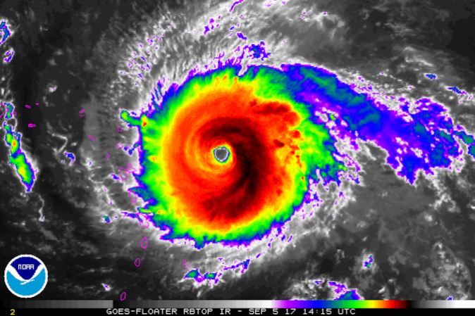 Hurricane Irma reached historic proportions on Wednesday, Sept. 6, becoming the only Atlantic or Eastern Pacific hurricane on record with sustained winds of 185 mph for over 24 hours, according to Eric Blake, a scientist with the National Hurricane Center. (NOAA)