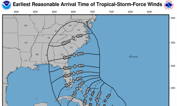 The latest update of Hurrican Irma’s projected path from the National Hurricane Centre shows it hitting Florida between Friday night and Saturday morning (National Hurricane Centre)