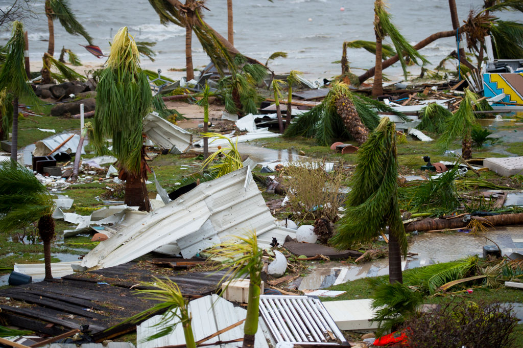 A photo taken on September 6, 2017 shows destroyed palm trees, outside the "Mercure" hotel in Marigot, on the Bay of Nettle, on the island of Saint-Martin in the northeast Caribbean, after the passage of Hurricane Irma. France, the Netherlands and Britain on September 7 sent water, emergency rations and rescue teams to their stricken territories in the Caribbean hit by Hurricane Irma, which has killed at least 10 people. The worst-affected island so far is Saint Martin, which is divided between the Netherlands and France, where eight of the 10 confirmed deaths took place. (LIONEL CHAMOISEAU/AFP/Getty Images)