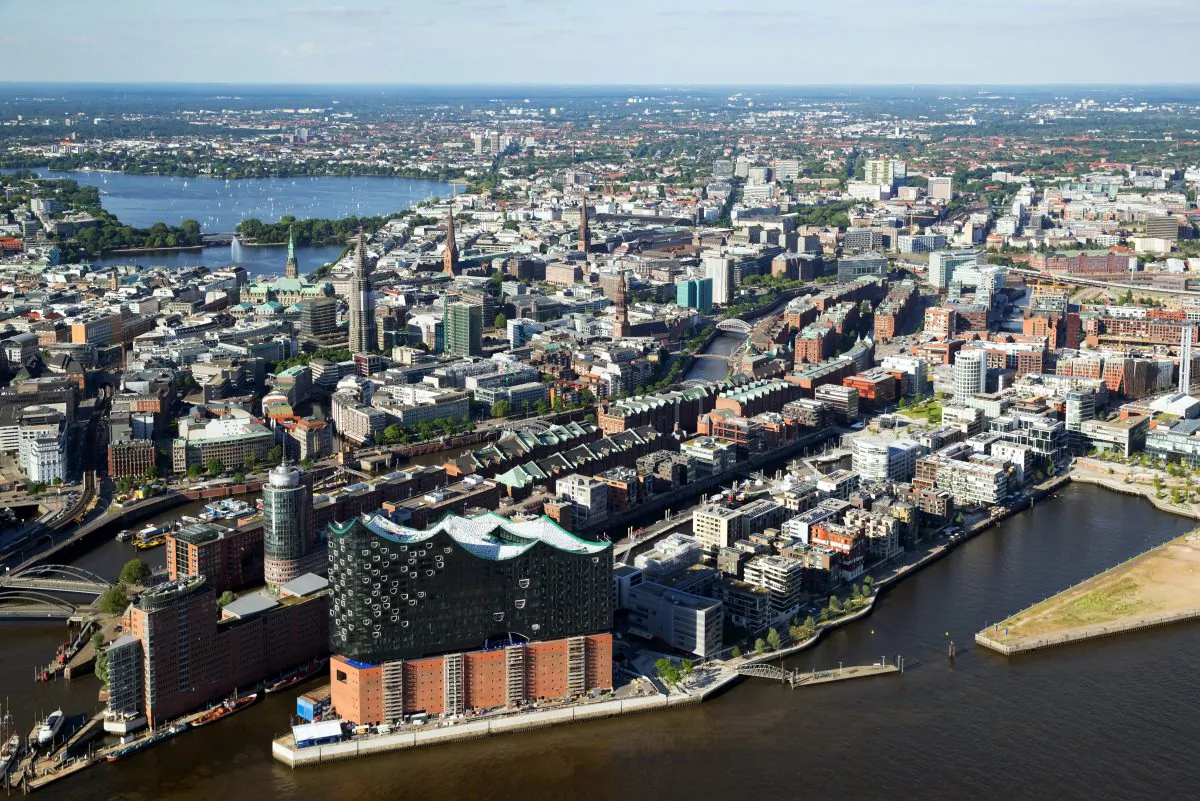 Aerial view of Hamburg, Germany’s second-largest city and home to the country’s biggest port. (Hamburg Marketing)