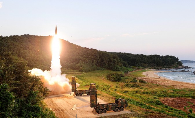 In this handout photo released by the South Korean Defense Ministry, South Korea's Hyunmu-2 ballistic missile is fired during an exercise aimed to counter North Korea's nuclear test on September 4, 2017 in East Coast, South Korea. (South Korean Defense Ministry via Getty Images)