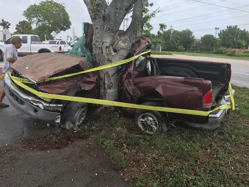 A man died when his pickup truck crashed into a tree in the Florida Keys during Hurricane Irma in Florida, U.S. in this handout photo obtained by Reuters September 10, 2017.  Monroe County Sheriff's Department/Handout via REUTERS   