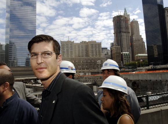 World Trade Center Memorial designer Michael Arad (L) attends the start of construction for the Memorial and Museum, 17 August, 2006, at ground zero in New York. The memorial will honor the victims of the 11 September 2001 attacks. (Photo credit should read STAN HONDA/AFP/Getty Images)