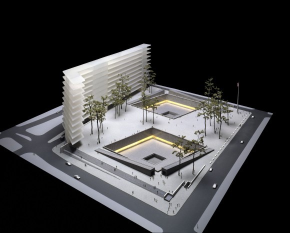 NEW YORK - NOVEMBER 19: This artist's rendering shows "Reflecting Absence: A Memorial at the World Trade Center Site" by Michael Arad, one of the eight finalists for a World Trade Center memorial released November 19, 2003 in New York City. (Photo by Lower Manhattan Development Corp. via Getty Images)