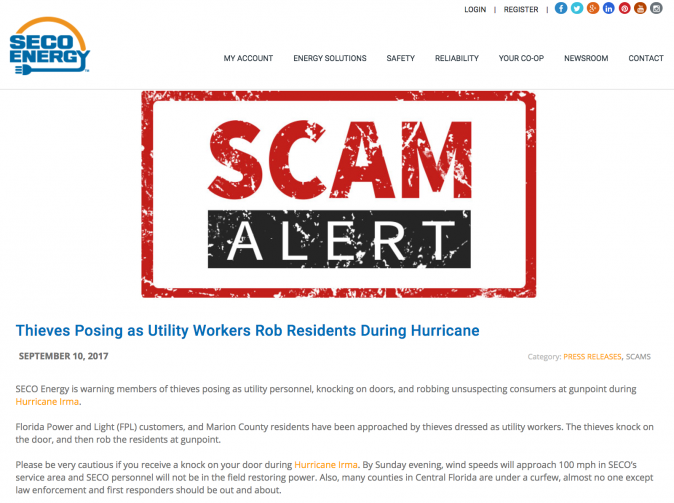 SECO warned customers of a violent scam that appears to be little more than internet rumours. (Screenshot via SECO Energy)