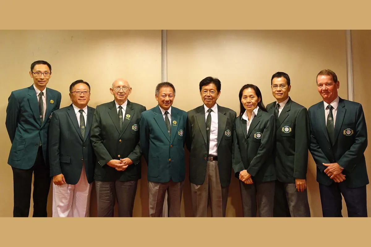 The newly appointed officers of the Hong Kong Lawn Bowls Association: (L-R) Heron Lau, Vice President – Development, David Tse, Assistant Hon. Secretary, Mike Worth, Hon. Treasurer, Cyril Leung, Vice President – National League, Vincent Cheung, President, Sandy Sit, Hon. Secretary, Claudius Lam Vice President – Technical and Glyn Davies, Vice President – International. Warren Kwok, Vice President - National Competition, is missing. (Stephanie Worth)