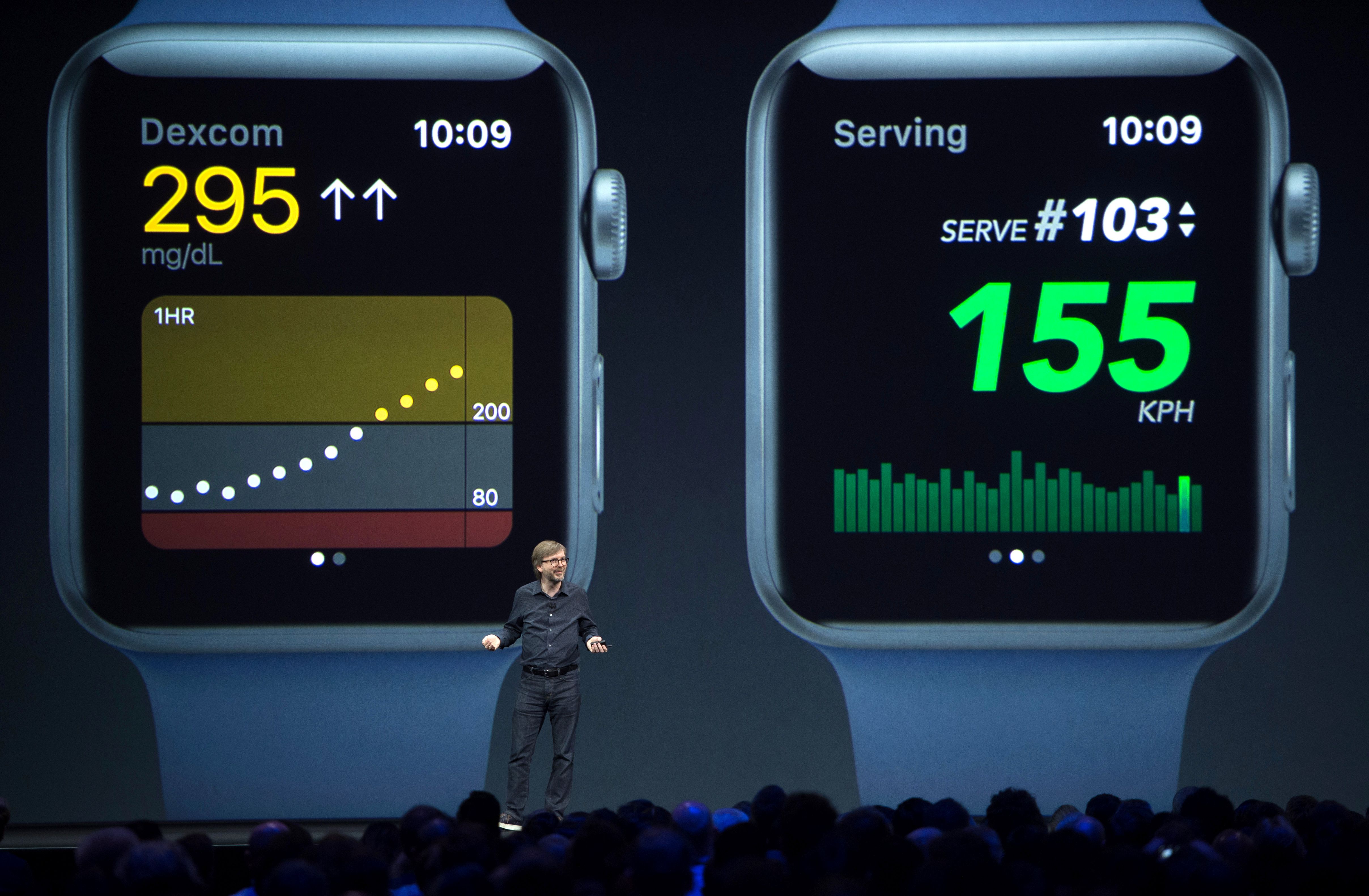 Kevin Lynch, Vice President of Technology for Apple speaks about the Apple Watch on stage during Apple's World Wide Developers Conference in San Jose, California on June 05, 2017. (JOSH EDELSON/AFP/Getty Images)