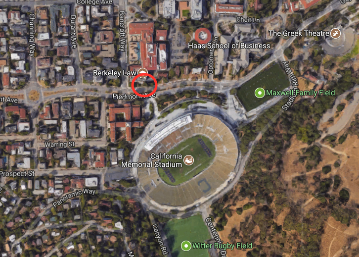 The location where a UC Berkeley Police officer confiscated money from a vendor selling hot dogs without permit in Berkeley, Calif., on Sept. 9, 2017. (Screenshot via Google Maps)