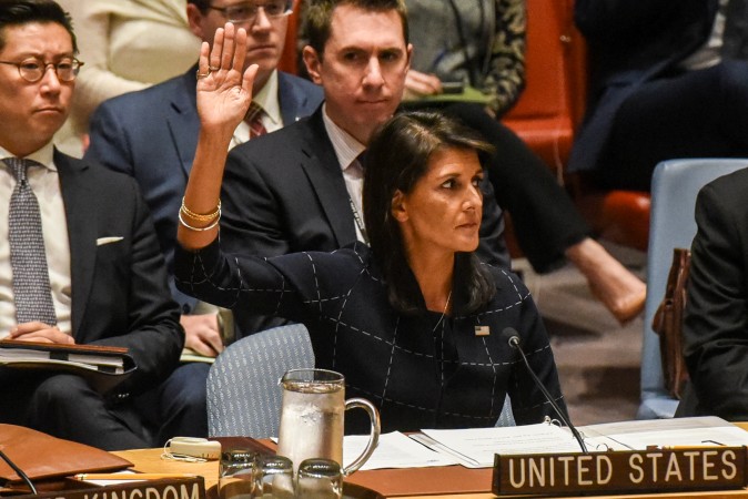 U.S. Ambassador to the UN, Nikki Haley votes during a United Nations Security Council meeting on North Korea in New York City on Sept. 11, 2017. (REUTERS/Stephanie Keith)