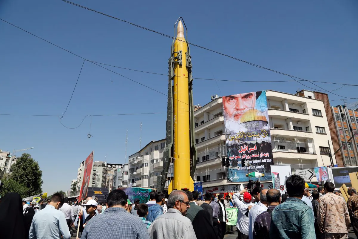 A Shahab-3 medium-range missile is displayed during a rally in Tehran, Iran, on June 23. (STRINGER/AFP/Getty Images)