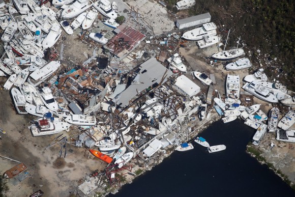A destroyed marina is pictured in an aerial photo in the Keys in Marathon, Florida, U.S., September 13, 2017. REUTERS/Carlo Allegri