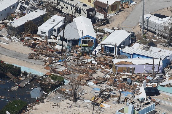 A destroyed trailer park is pictured in an aerial photo in the Keys in Marathon, Florida, U.S., September 13, 2017. REUTERS/Carlo Allegri