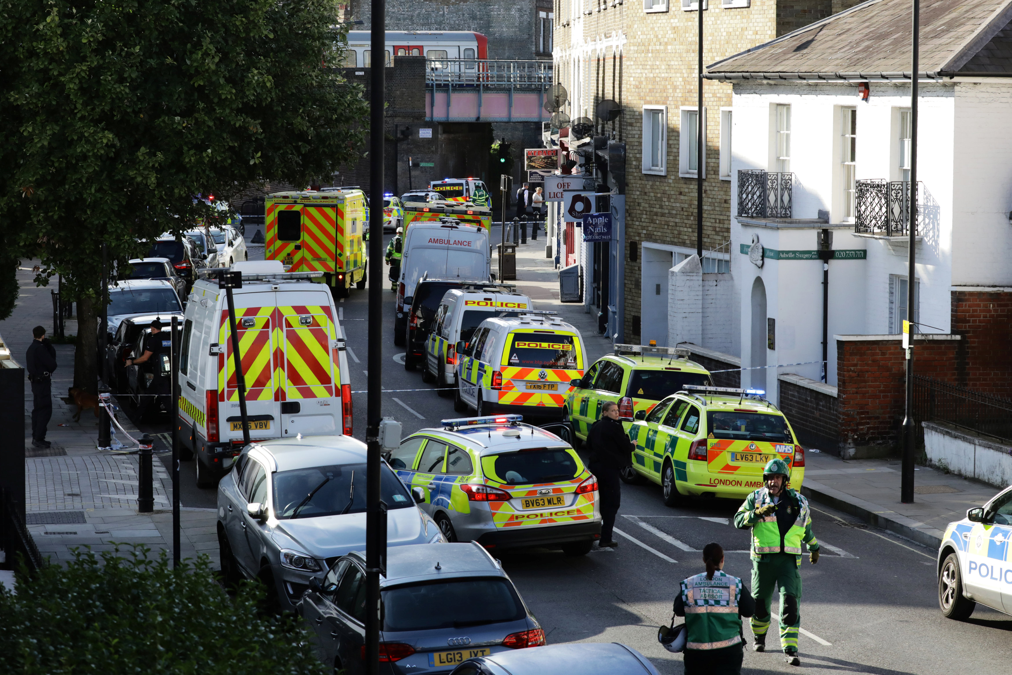 Police vehicles line the street near Parsons Green tube station in London, Britain on Sept. 15, 2017. (REUTERS/Kevin Coombs)
