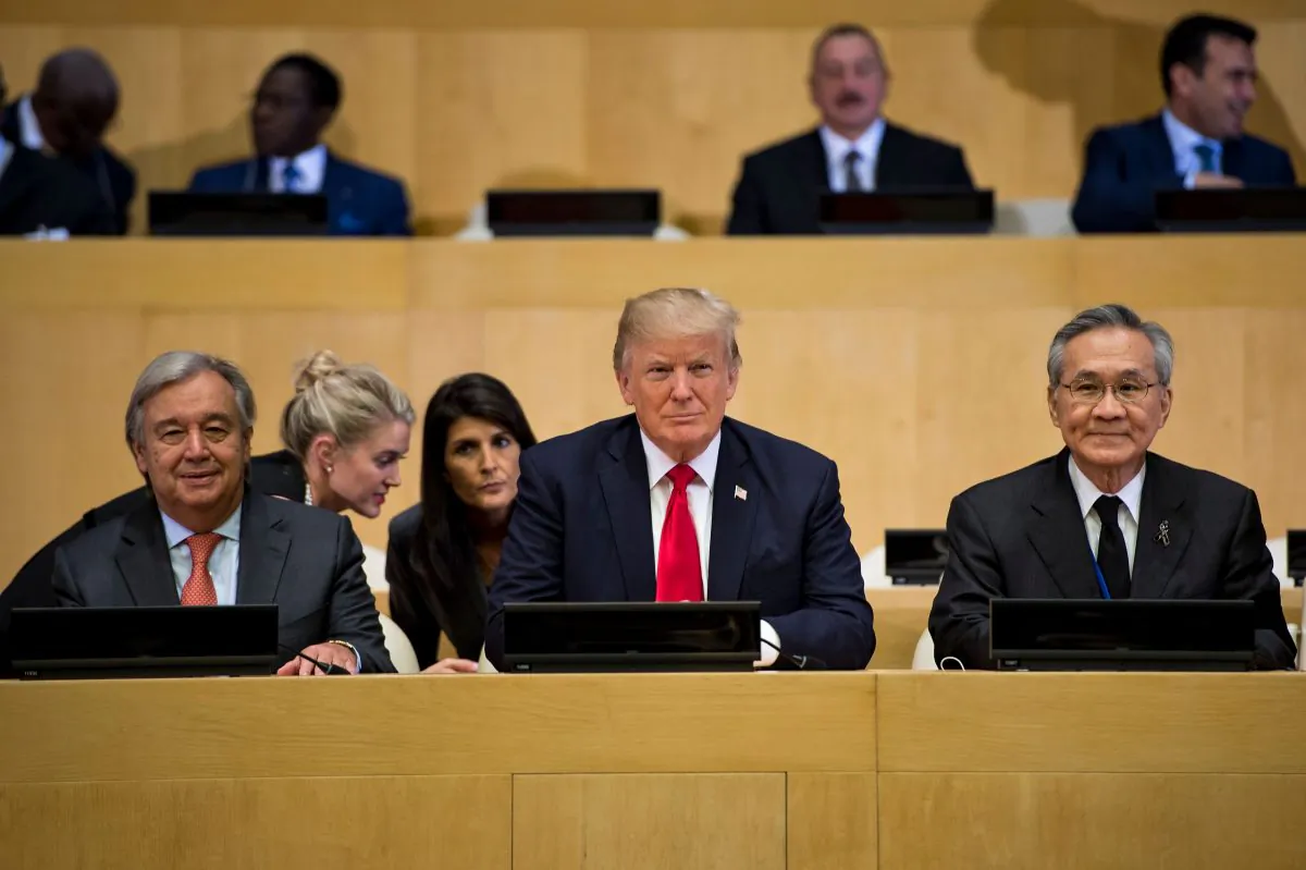 (L-R) UN Secretary General Antonio Guterres (L), President Donald Trump, and Thailand's Foreign Minister Don Pramudwinai at the UN headquarters in New York on Sept. 18, 2017. (BRENDAN SMIALOWSKI/AFP/Getty Images)
