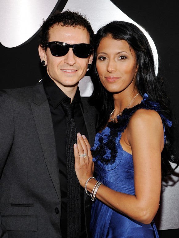 Musician Chester Bennington of the band Linkin Park (L) and wife Talinda Bentley arrive at the 52nd Annual Grammy Awards in Los Angeles, California, on Jan. 31, 2010. (Larry Busacca/Getty Images for NARAS)